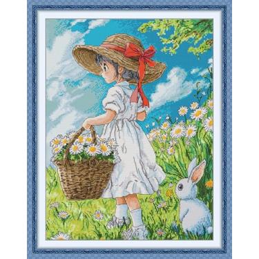 Imagem de CrossNest Kit de ponto cruz estampado de 16 quilates para iniciantes, conjunto completo de bordado DIY impresso em HD com padrão e ferramentas, pano Aida premium e fios (menina e coelho)