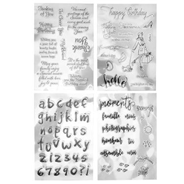 Imagem de Modelo de gravação de selo de silicone transparente com palavras de saudação, padrão de numerais do alfabeto para fazer cartão de papel DIY, scrapbooking, material durável e