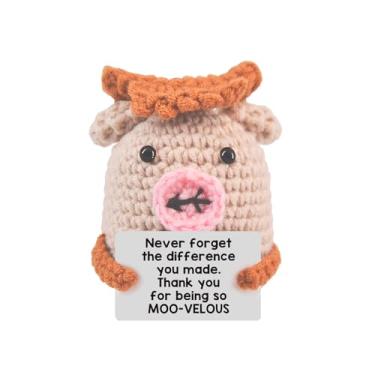 Imagem de Adorável vaca cravejada à mão – Acompanhante de apoio emocional positivo de 7 cm com cartão motivacional, decoração de mesa divertida para escritório/casa, presente para amigos/colegas/aniversários