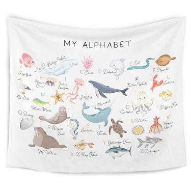 Imagem de WARDOS Tapeçaria do alfabeto do berçário do oceano, tapeçaria infantil de animais marinhos, tapeçaria para pendurar na parede, alfabeto ABC, cobertor educacional para sala de aula, infantil, berçário
