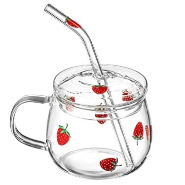 Imagem de Copo de vidro de 473 ml com estampa de morango, copo de bebida fria com tampa e canudo, copo de suco transparente à prova de calor, design de frutas bonito para bebidas