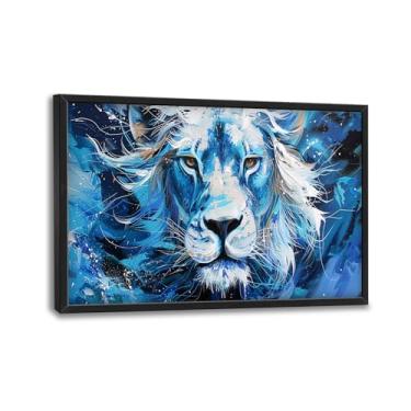 Imagem de Arte de parede de leão grande para sala de estar, decoração de parede em tela animal, pintura emoldurada de imagens azuis grandes, arte rústica para sala de estar, quarto, escritório, decoração de