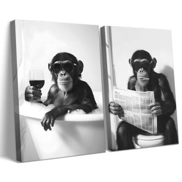 Imagem de 2 peças de arte de parede de chimpanzé na banheira decoração de parede de banheiro macaco engraçado em vaso sanitário preto e branco impressões em tela de banheiro de animais macaco pôsteres animais