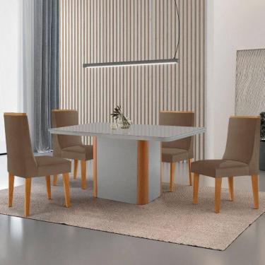 Imagem de Mesa De Jantar Isadora 120cm Tampo Mdf Vidro Com 4 Cadeiras Veludo Capuccino Off White Serigrafia