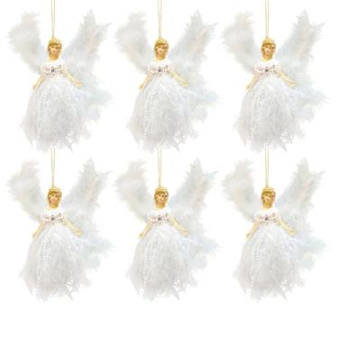 Imagem de 6 enfeites de Natal de anjo de penas brancas, decoração de pendurar em tecido de cebola de pelúcia, decorações de férias para árvores, casamentos, festas