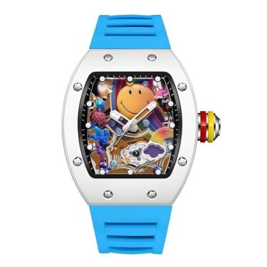 Imagem de Gosasa Relógio masculino moderno colorido com rosto sorridente – Relógio de pulso masculino Tonneau criativo moderno com pulseira de silicone, design luminoso exclusivo para presente, Azul, Exclusivo