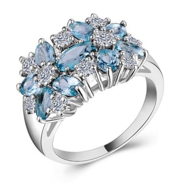 Imagem de Aesthetic Luxury Flower Cubic Zirconia Anel Feminino Aniversário Festa Joias Safira Azul, 6, Latão, Zircônia cúbica