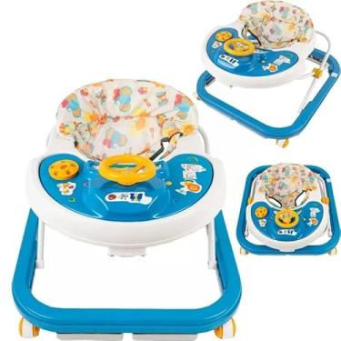 Imagem de Softway Andador Infantil Musical com Painel de Atividades, Azul e Branco, Base Antiderrapante, Assento Acolchoado com Estampa Colorida, para Bebês