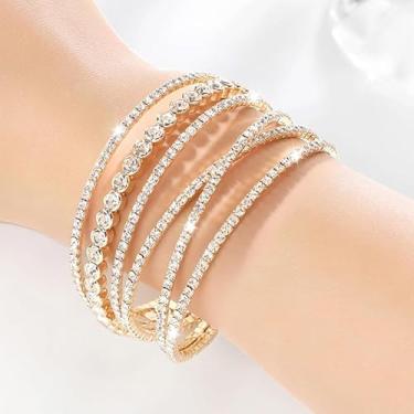 Imagem de Pulseiras de pérolas para mulheres, joias de pérolas, pulseiras de strass de cristal para mulheres, pulseiras empilháveis de cordão elástico com contas, joias de casamento para noivas, Medium, Latão