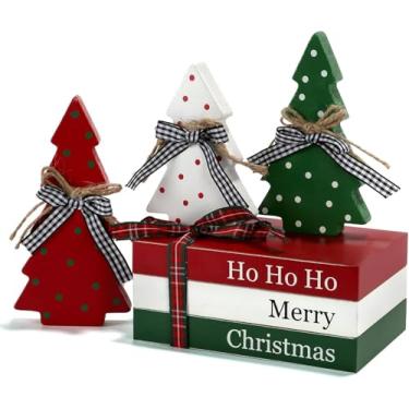 Imagem de Pilha de livros decorativos de Natal para casa de fazenda, decoração de bandeja em camadas, conjunto de livros empilhados de inverno, decoração de livro de madeira para escritório em casa