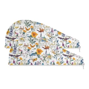 Imagem de SEHANY Toalha de cabelo de microfibra de flores coloridas elegantes para mulheres, 2 peças, turbantes de cabelo de secagem rápida com botão, touca de cabelo seco absorvente toalha de secagem de cabelo