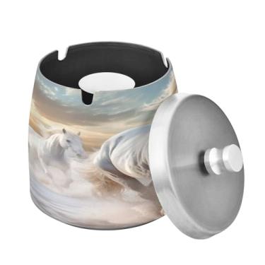 Imagem de Blueangle Cinzeiro de cavalos brancos com tampa para cigarros, à prova de vento/chuva, aço inoxidável, sem fumaça, inodoro, cinzeiro para uso interno ou externo (511)