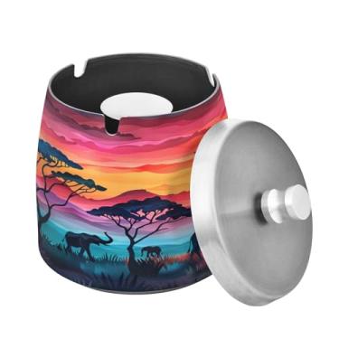 Imagem de Blueangle Cinzeiro de pôr do sol africano com tampa para cigarros, à prova de vento/chuva, aço inoxidável, sem fumaça, inodoro, cinzeiro para uso interno ou externo (246)