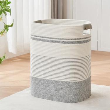 Imagem de DOFASAYI Cesto de lavanderia grande de 85 L com alças de couro, cesta decorativa de armazenamento para cobertores - Cesto de roupas para sala de estar, quarto, cinza e branco