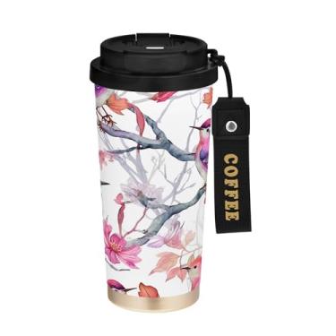 Imagem de SEHANY Caneca de café de viagem Flores e pássaros de 482 g com tampa revestida de cerâmica e à prova de vazamento, parede dupla, copo de aço inoxidável isolado a vácuo para bebidas quentes e frias
