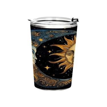 Imagem de Blueangle Copo de 340 g com tampa e canudo, copo de café com água isolada a vácuo de aço inoxidável, caneca de viagem de sol e lua, copo térmico para bebidas quentes e frias (915)