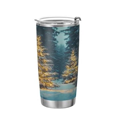 Imagem de ATTX Lindo copo de árvores de Natal com tampa e canudo, garrafa de viagem de parede dupla de aço inoxidável com isolamento a vácuo de 600 ml para café e gelo #437