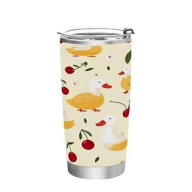 Imagem de Blueangle Copo de 590 ml com tampa e canudo, copo de café com água isolada a vácuo de aço inoxidável, caneca de viagem de patos cereja copo térmico para bebidas quentes e frias (422)