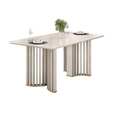 Imagem de Mesa De Sala Jantar Luma C/ Tampo Madeirado C/ Vidro Curvo 170x90cm Off White/off White - Dj Móveis