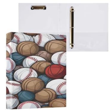 Imagem de Blueangle Fichário de 3 anéis com padrão de bolas de beisebol com prancheta e 2 bolsos - Organizador de documentos decorativos de 3 cm para escritório, suprimentos de reunião (264)
