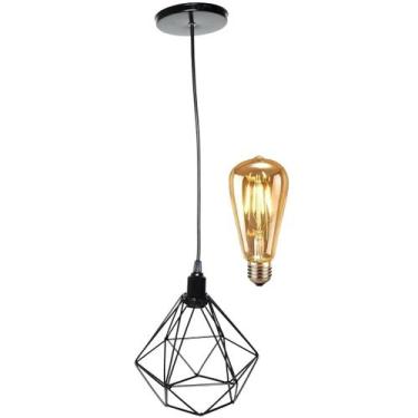 Imagem de Pendente Aramado Diamante Luminária Lustre Retrô Balcão Preto + Lâmpad
