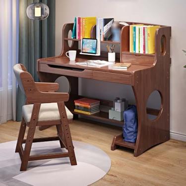 Imagem de Yadlan Mesa infantil com cabana de armazenamento, mesa infantil com gavetas e prateleiras, mesa de estudo infantil de madeira com área de armazenamento de mochila, mesa de quarto infantil de formato