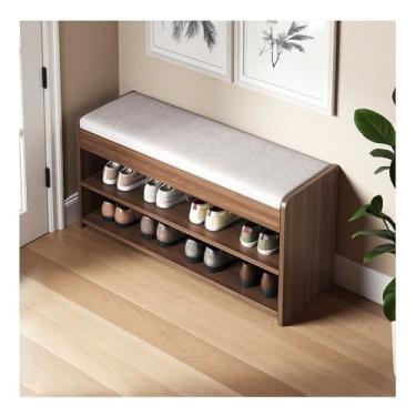 Imagem de HGTRH Banco de madeira maciça, suporte de armazenamento de sapatos aberto com almofada de assento macia e cantos redondos, amplo espaço de assento, placa horizontal ampla para suporte de carga estável