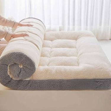 Imagem de Yadlan Futon tradicional japonês – Tapete de tatame dobrável de 10 cm de espessura para spa, meditação de ioga, cama de hóspedes e cochilo de crianças (tamanho casal) cinza e branco 200 x 220 cm