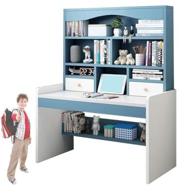 Imagem de Escrivaninha multifuncional com prateleiras de armazenamento e 2 gavetas, mesa de computador altura ajustável 65 ~ 75 cm, mesa de escritório em casa, estação de trabalho, economia de espaço, azul