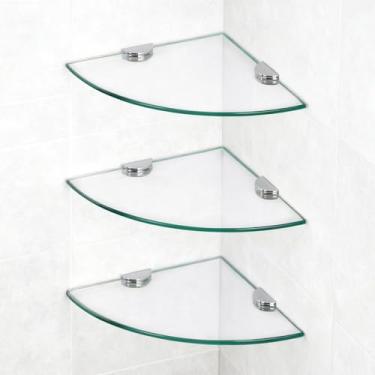 Imagem de SYLXTEEM Prateleiras de chuveiro de canto de vidro, suporte de parede de vidro flutuante temperado, organizador de chuveiro, prateleira de canto de banheiro com suportes de liga de zinco para banheiro