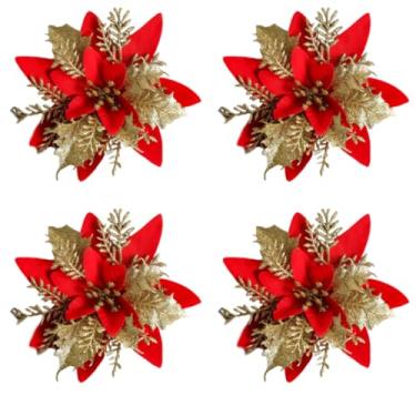 Imagem de 4 peças de flores de Natal brancas para decoração de árvore de Natal, guirlanda DIY, quarto, decoração de casa, festa temática, mesa, enfeite de jardim ao ar livre (ouro vermelho - 4 peças)