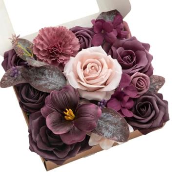 Imagem de Ling's Moment Caixa de flores falsas, hastes artificiais artificiais de espuma, rosas de seda, lilás para decoração de casamento, decorações de mesa, arranjos florais, ameixa e lírio de ameixa, mini