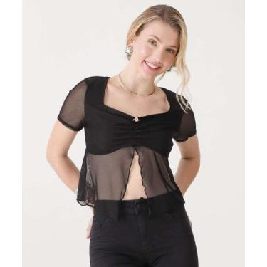 Imagem de Blusa Feminina Tule Fenda Manga Curta Marisa-15021, Preto, G