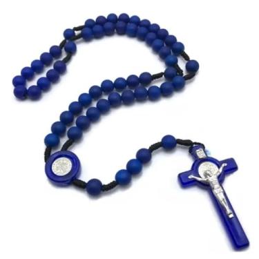 Imagem de Terço Rosário com Medalha de São Bento, Contas Coloridas 9mm, Crucifixo 6x3.6cm, Cordão Preto, 42cm (Azul Escuro)