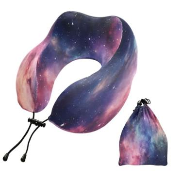 Imagem de CEBUGI Travesseiros de viagem portáteis em forma de U, travesseiro de pescoço de espuma viscoelástica com trava de corda ajustável para avião, viagem, trem, negócios, escritório, soneca (galáxia)