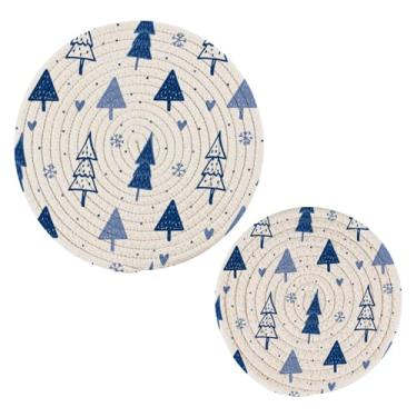 Imagem de Wassud Conjunto de trivet de árvores de Natal azuis para pratos quentes, suportes redondos de algodão, almofadas quentes, porta-copos elegantes, decoração de cozinha e acessórios, 2 peças