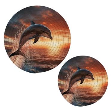 Imagem de Wassud Conjunto de trivet de mergulho com golfinho pôr do sol para pratos quentes, suportes redondos de algodão, almofadas quentes, porta-copos elegantes, decoração de cozinha e acessórios, 2 peças