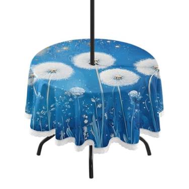 Imagem de CEBUGI Toalha de mesa redonda para uso ao ar livre, dente-de-leão branco, impermeável, com furo Umberlla, capa de mesa lavável para pátio, cozinha, sala de jantar, 152 cm