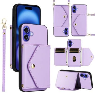 Imagem de Dswteny Capa carteira para iPhone 17 de 6,3 polegadas com cordão de pulso alça de ombro fina bolsa flip, suporte de cartão de crédito de couro PU acessórios capa de celular para celular i Phone17 i17