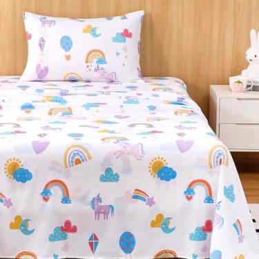 Imagem de Swiftify Jogo de lençol solteiro infantil, unicórnio, arco-íris, jogo de cama de 3 peças para meninos e meninas, roupa de cama de microfibra macia escovada, bolso profundo, resistente a rugas e