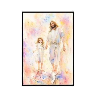 Imagem de Aquarela Jesus Retrato Deus Cristão Arte de Parede Cristo Impressão em Tela Pintura Imagens de Parede para Sala de Estar Decoração de Casa (SKU5,12 x 18 pol. = (30 x 45 cm), Moldura preta)