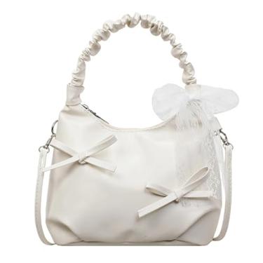 Imagem de Bolsa de ombro feminina casual plissada com laço de outono, Branco, Medium, Mochila casual