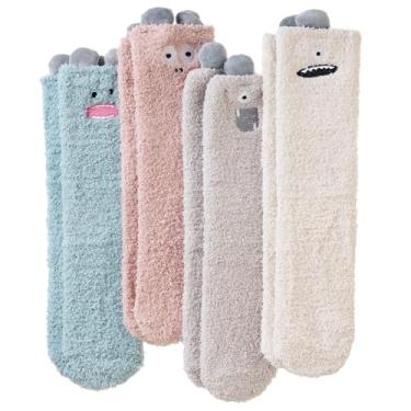Imagem de AMENLAN Meias femininas felpudas de microfibra de inverno macias macias e fofas quentes confortáveis térmicas para dormir em casa, 4 pares de cores mistas D, tamanho �nico