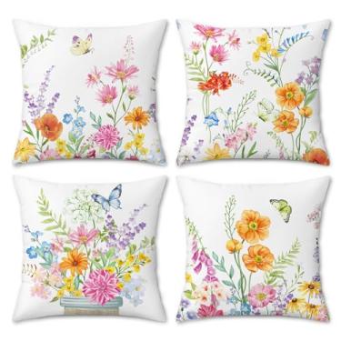 Imagem de COZZSNUGE Capas de almofada floral de primavera, flores coloridas de jardim, borboleta, papoula, veludo, fronhas decorativas para sofá-cama, casa, pátio, conjunto de 4, 45 x 45 cm