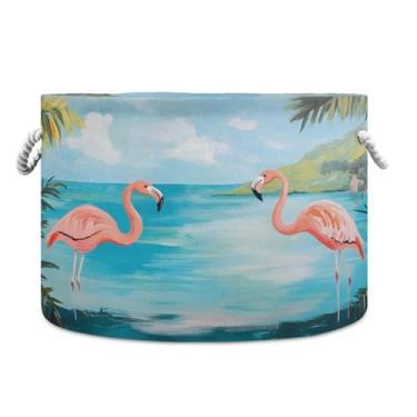 Imagem de JUZIHAI Cesta de armazenamento dobrável Flamingos cesto de roupa suja para bebê, cobertor com alças de corda de algodão, caixa de brinquedos dobrável, organizador de armário para quarto, berçário