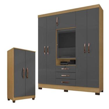 Imagem de Guarda Roupa Casal Imperial Com Armário Multiuso Recife Carvalho Americano Grafite - Incorplac