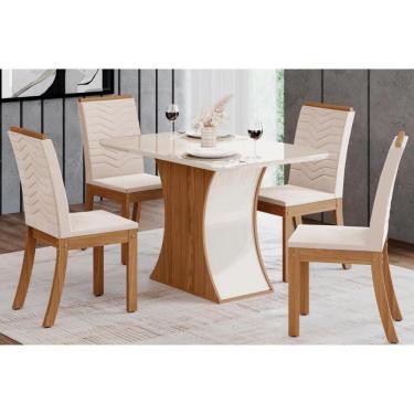 Imagem de Conjunto Mesa De Cozinha Luiza Com Tampo De Vidro 120x80cm E 4 Cadeiras Isa Nature Off White Linho Bege Henn