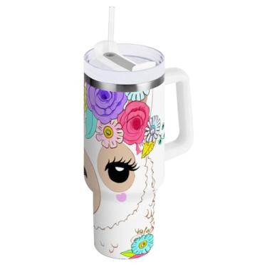 Imagem de Copos florais de lhama com isolamento duplo com alça e canudo para água, copo de água 1,134 g / 1,18 L