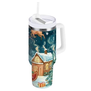 Imagem de Copo de aço inoxidável isolado azul neve trenó de Natal com alça e canudo, copos isolados 850 g / 0,89 L