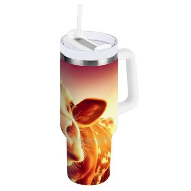 Imagem de ODAWA Copo de aço inoxidável isolado a vácuo grande com alça e tampa de palha, copo isolado de vaca pôr do sol outono